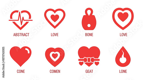 Collection of red heart icons with various designs and labels.