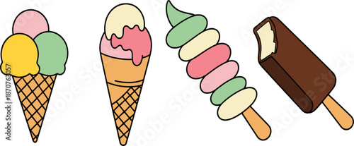 Ice cream vector set, colorful summer popsicles and cones, sweet dessert treats with chocolate and sprinkles