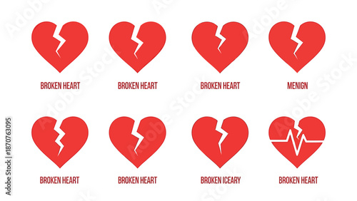 Collection of red heart icons with various designs and emotions.
