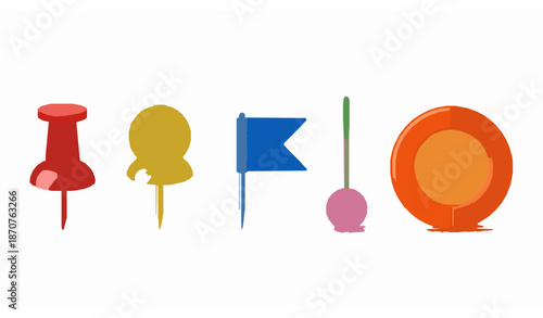 Flat lay colorful pins needles flags and magnets vector collection with shadows for modern office and planner designs