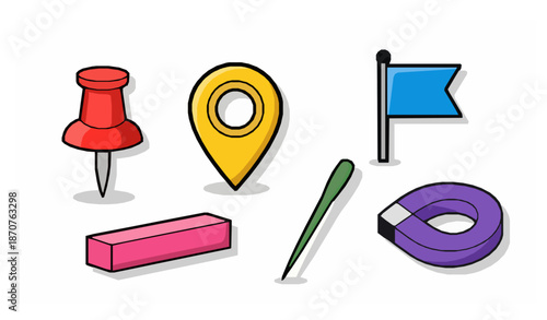 Colorful stationery pins needles flags and magnets vector set with realistic shadows for office and school illustrations