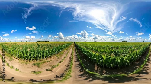 Panoramic view of a lush green cornfield under a bright blue sky with clouds.