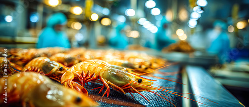 Panel kuchenny z motywem Tiger shrimp are arranged on a conveyor belt in a food production facility while blurred workers and machinery are visible in the background