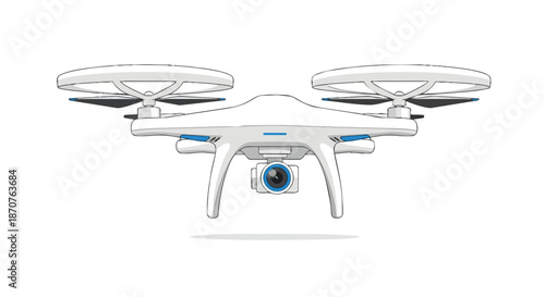 Modern white drone with camera hovering, isolated vector illustration on white background