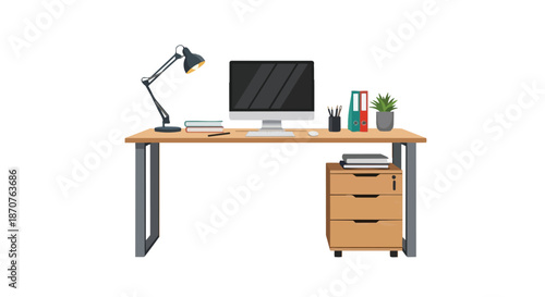 Modern office workspace with computer monitor, desk lamp, and filing cabinet on white background