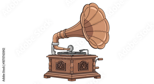 Vintage Gramophone Illustration with Large Horn and Wooden Cabinet, Classic Music Player
