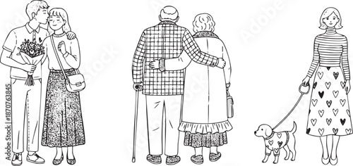 Romantic Couple Elderly Pair and Woman Walking Dog Illustration