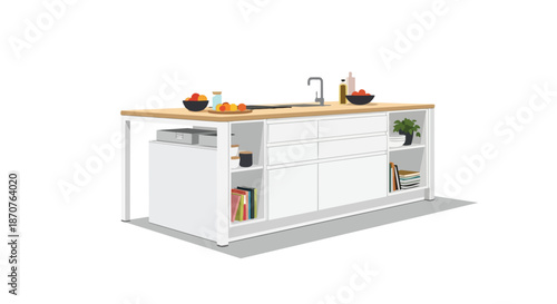 Modern kitchen island with wooden countertop, sink, and white cabinets in a minimalist home interior