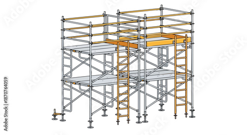 Multi-level construction scaffolding structure isolated on white background, industrial equipment