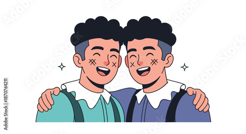 Two happy young men laugh together while hugging and placing their arms around each other's shoulders in a friendly illustration.