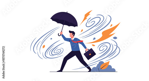 Determined businessman walks through a strong wind storm while holding a black umbrella and a briefcase against a white background.