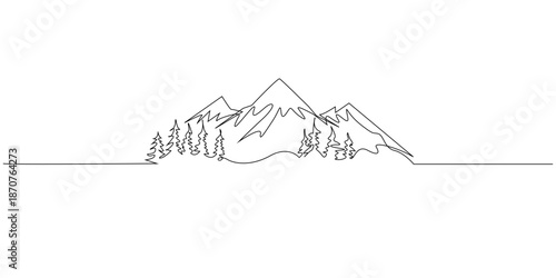 Hand drawn line illustration of mountain and pine trees landscape, drawn in a continuous single line style for minimal nature, outdoor, and abstract line art concepts.