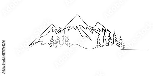 Hand drawn line illustration of mountain and pine trees landscape, drawn in a continuous single line style for minimal nature, outdoor, and abstract line art concepts.