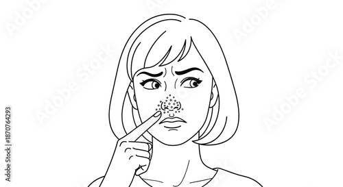 Outline sketch of a concerned woman pointing a finger at skin blemishes or blackheads on her nose while looking away with an unhappy face.