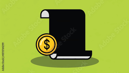 Financial document scroll with dollar coin and blank paper