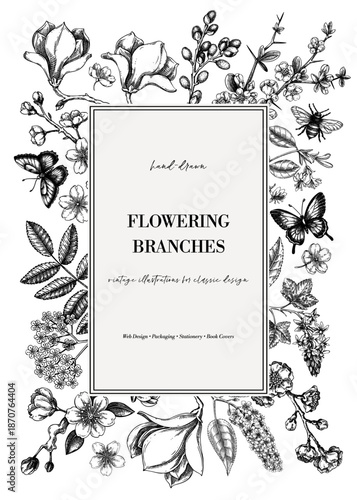 Blooming trees frame. Flowering branches hand drawn vector illustration. Vintage spring card design in sketch style. NOT AI generated