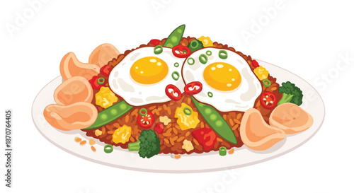 Delicious Nasi Goreng with Fried Eggs and Prawn Crackers Illustration