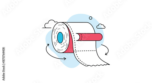 Illustration of a white toilet paper roll on a holder with arrows indicating rotation against a soft blue background with clouds.