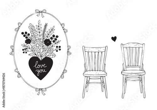 Romantic Hand Drawn Floral Heart and Wooden Chairs Illustration