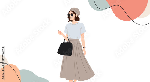 Stylish woman wearing a beret and sunglasses walks gracefully while carrying a black handbag against an abstract pastel background.