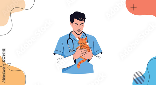 Kind male veterinarian in blue scrubs and stethoscope gently cradles an orange tabby kitten in his hands against a white backdrop.