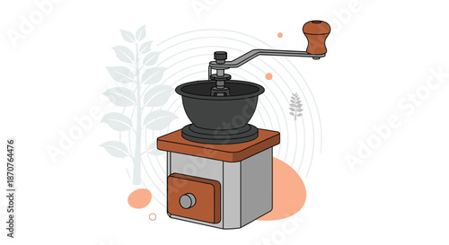 Vintage style manual coffee bean grinder with a wooden base and a metal handle shown in a detailed vector illustration with leaf patterns.