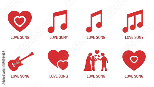 Collection of red heart and music icons symbolizing love and song.