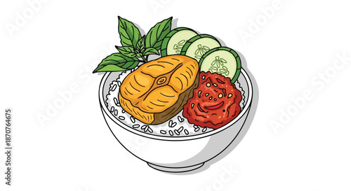 Hand drawn illustration of Indonesian Nasi Ikan with fried fish, spicy sambal, cucumber, and basil in a bowl
