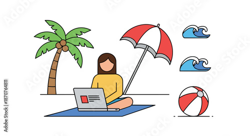 Woman working remotely on laptop at tropical beach, digital nomad lifestyle concept