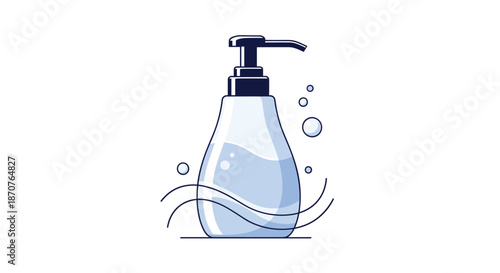 Blue liquid soap or hand sanitizer dispenser bottle with bubbles and waves on a white background representing hygiene and cleanliness.
