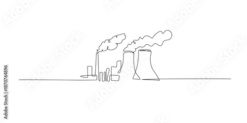 Hand drawn line illustration of an industrial factory with cooling towers and chimneys emitting smoke, drawn in a continuous single line style for industry, energy, and environment concepts.