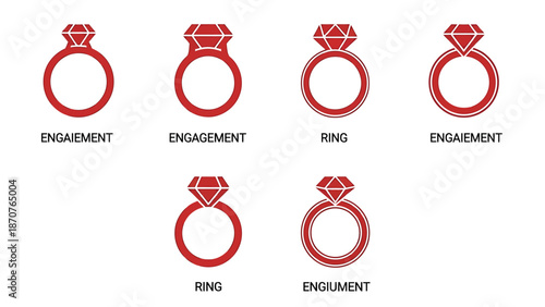 Six red engagement ring icons with varying design elements and labels.