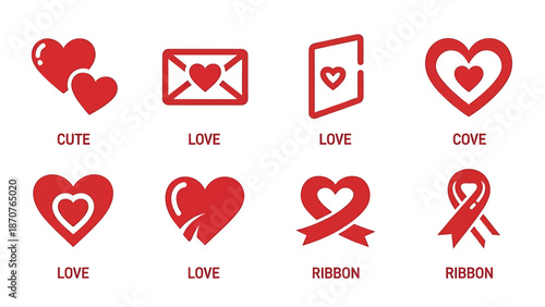 Collection of red heart icons and symbols for love and ribbon designs.