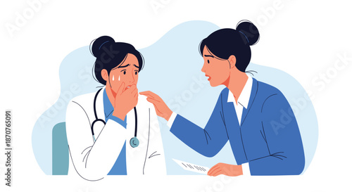 Concerned female doctor in a white coat comforting a distressed woman who is crying and covering her mouth during a difficult consultation.