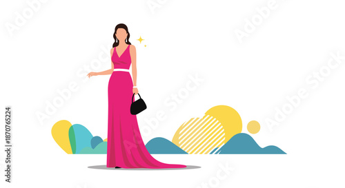Elegant woman wearing a long fuchsia pink evening gown and holding a black handbag standing confidently in a stylish fashion illustration.