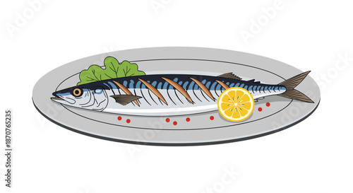 Delicious grilled mackerel fish served on an oval plate with a lemon slice, fresh green lettuce, and red peppercorns for a healthy meal.