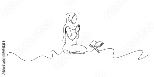 Hand drawn line illustration of a Muslim woman praying with an open Quran, drawn in a continuous single line style for faith, worship, and spiritual illustration concepts.