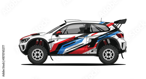 Modern rally car illustration with dynamic red and blue livery, isolated on white background