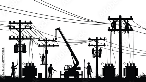 Silhouette illustration of utility workers climbing poles, repairing electrical lines, teamwork with crane and bucket lift, power infrastructure maintenance scene, black and white vector