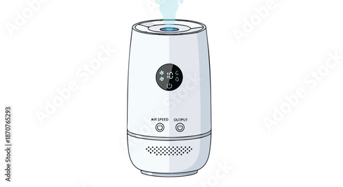 White air humidifier emitting mist, home appliance illustration for healthy indoor environment
