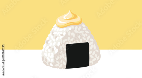 Traditional Japanese onigiri rice ball wrapped in nori seaweed and topped with a creamy sauce or mayonnaise on a yellow background.