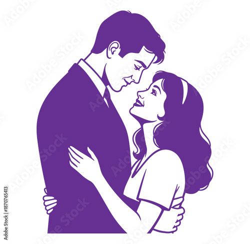 purple illustration of a man and woman embracing and looking into each others eyes