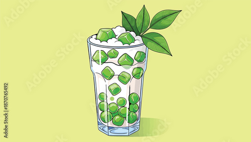 Fresh mint mojito cocktail with ice cubes and green leaves garnish