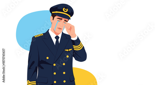 Male pilot in uniform crying and wiping his tears with his hand against a simple abstract blue and yellow background.