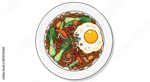 Delicious Fried Noodles with Sunny Side Up Egg and Vegetables, Asian Cuisine Illustration