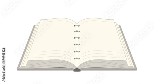 Open blank notebook with spiral binding, empty pages for text or design on white background