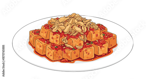 Crispy Fried Tofu with Spicy Chili Sauce and Golden Shallots on White Plate