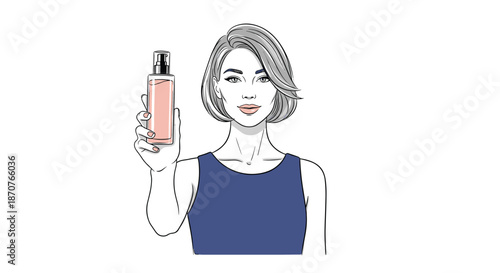 Beautiful woman with short hair holding a pink cosmetic spray bottle or lotion in a stylized grey and blue illustration.