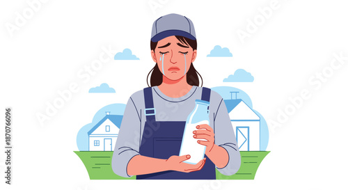 Sad female dairy farmer in overalls and a cap crying while holding a bottle of milk in front of a rural house and farm.
