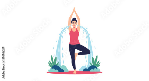 Stressed woman in a yoga tree pose crying with fountains of tears representing emotional release or deep frustration.